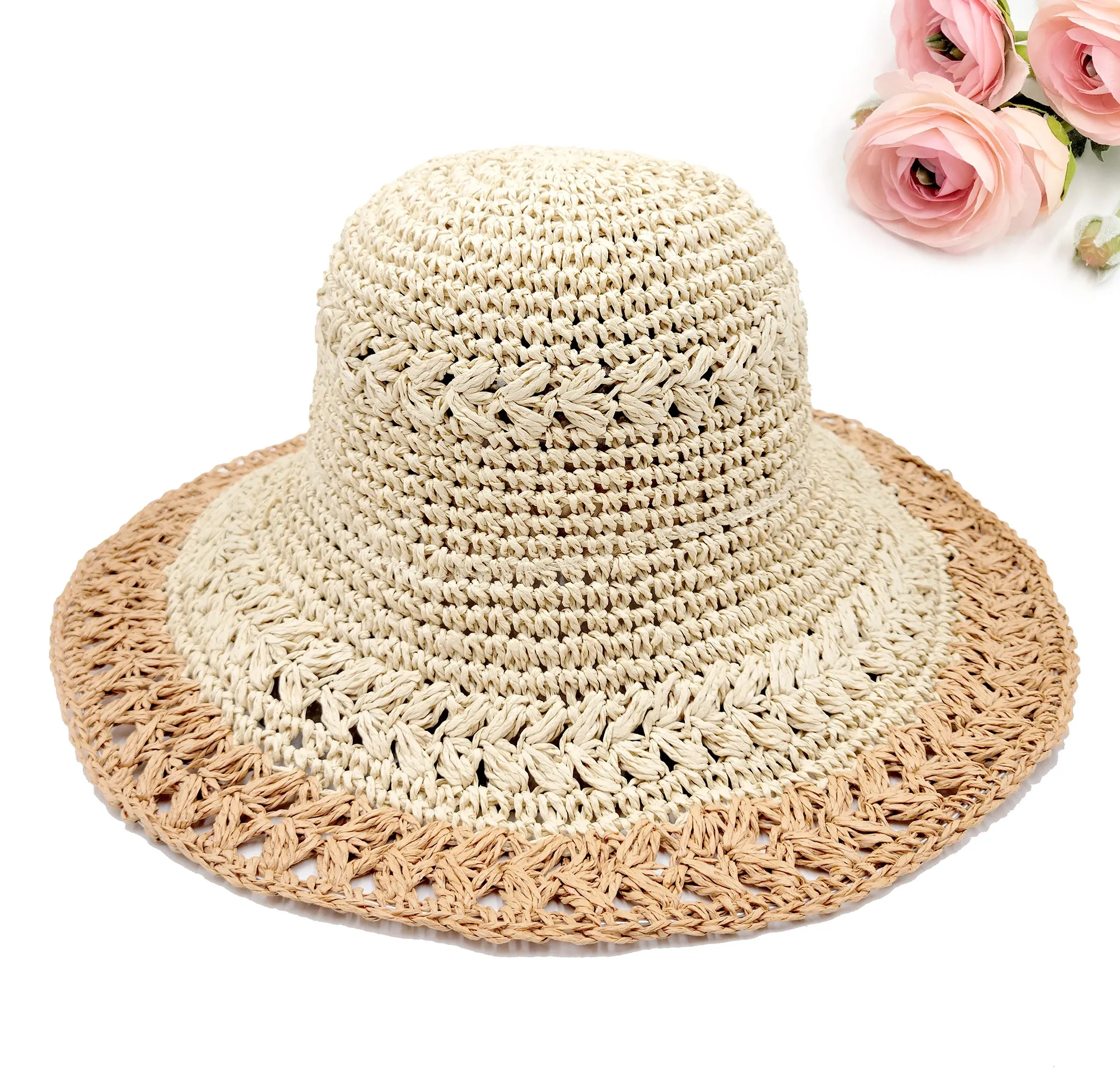 Natural Crochet Size Adjustable Foldable Straw Beach Hat