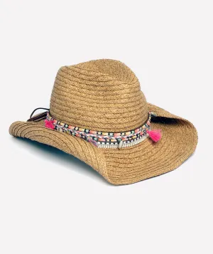 Natural Straw Cowboy Hat with Pink Aztec Belt Trim