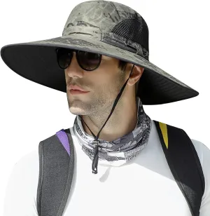 【New Size: L-XXL】 Wide Brim Fishing Sun Hat for Men UPF 50 Waterproof Breathable Safari Hiking Camping Hat for Big/Small Head
