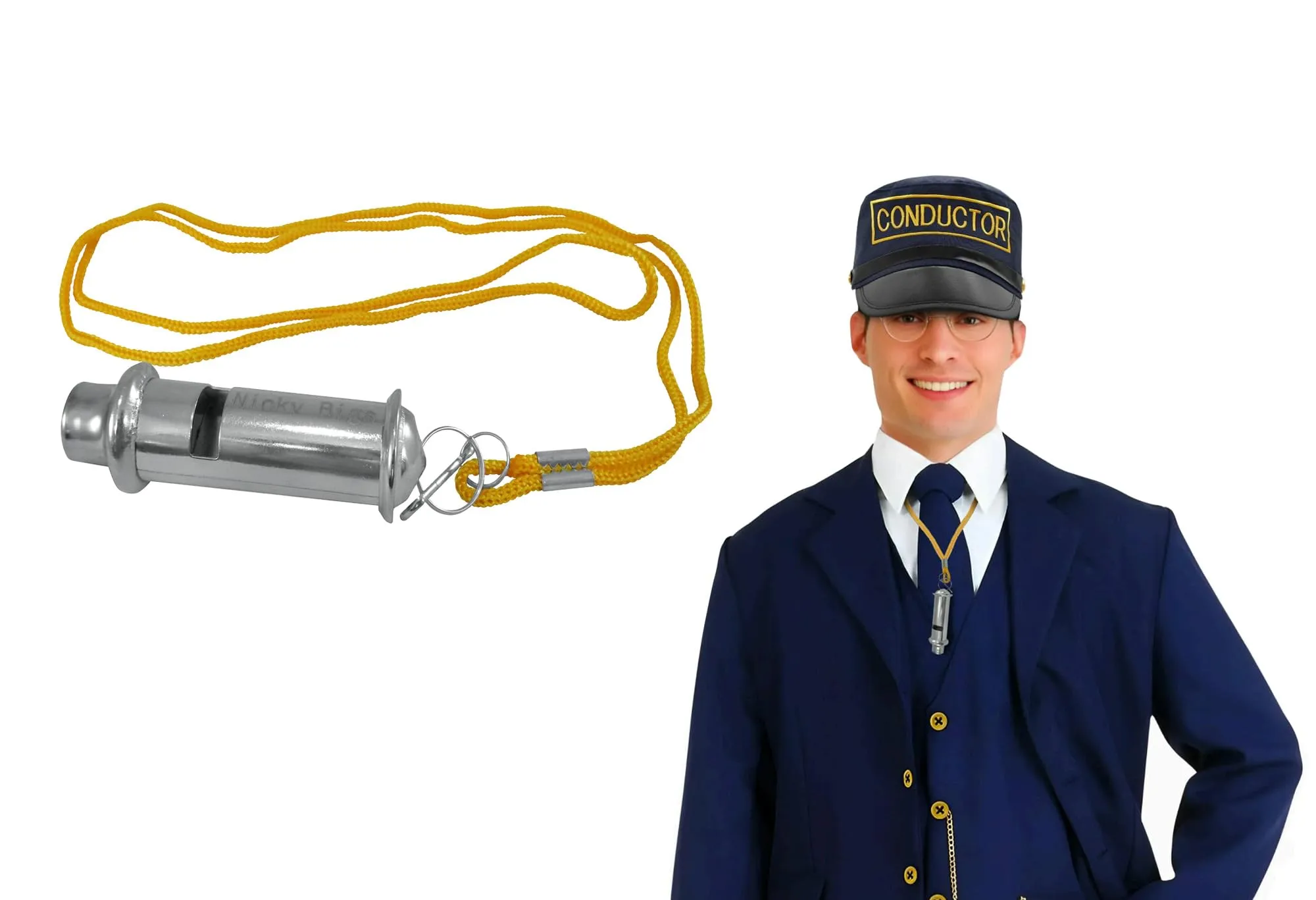 Nicky Bigs Novelties Deluxe Metal Train Conductor Whistle with Lanyard, Silver, One Size