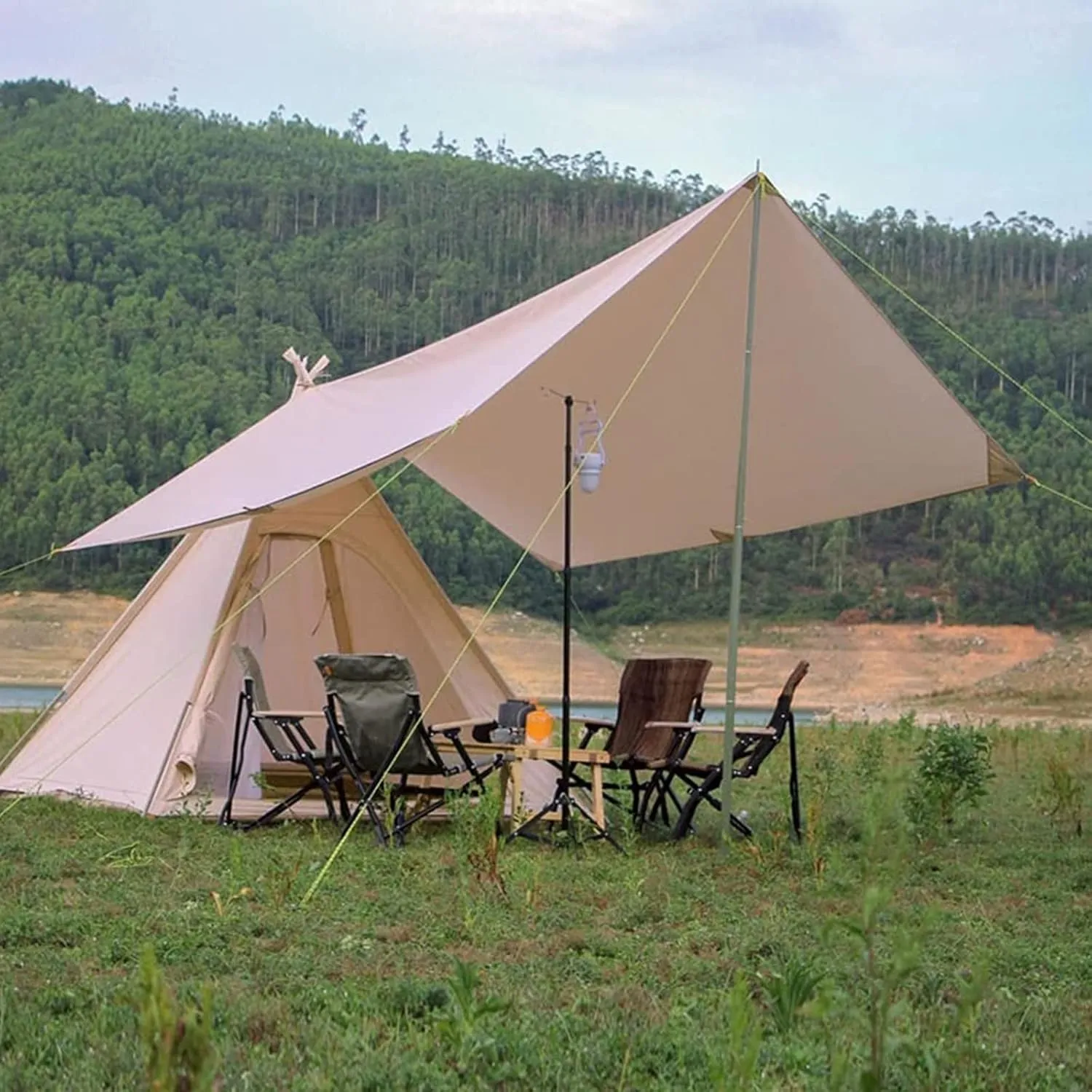 NIEH Pyramid Tent Indian Teepee Tents with Sun Shelter 3 4 People Family Tent Outdoor Camping Cotton Tent Yurt Tent for Mountaineering Hiking Camping