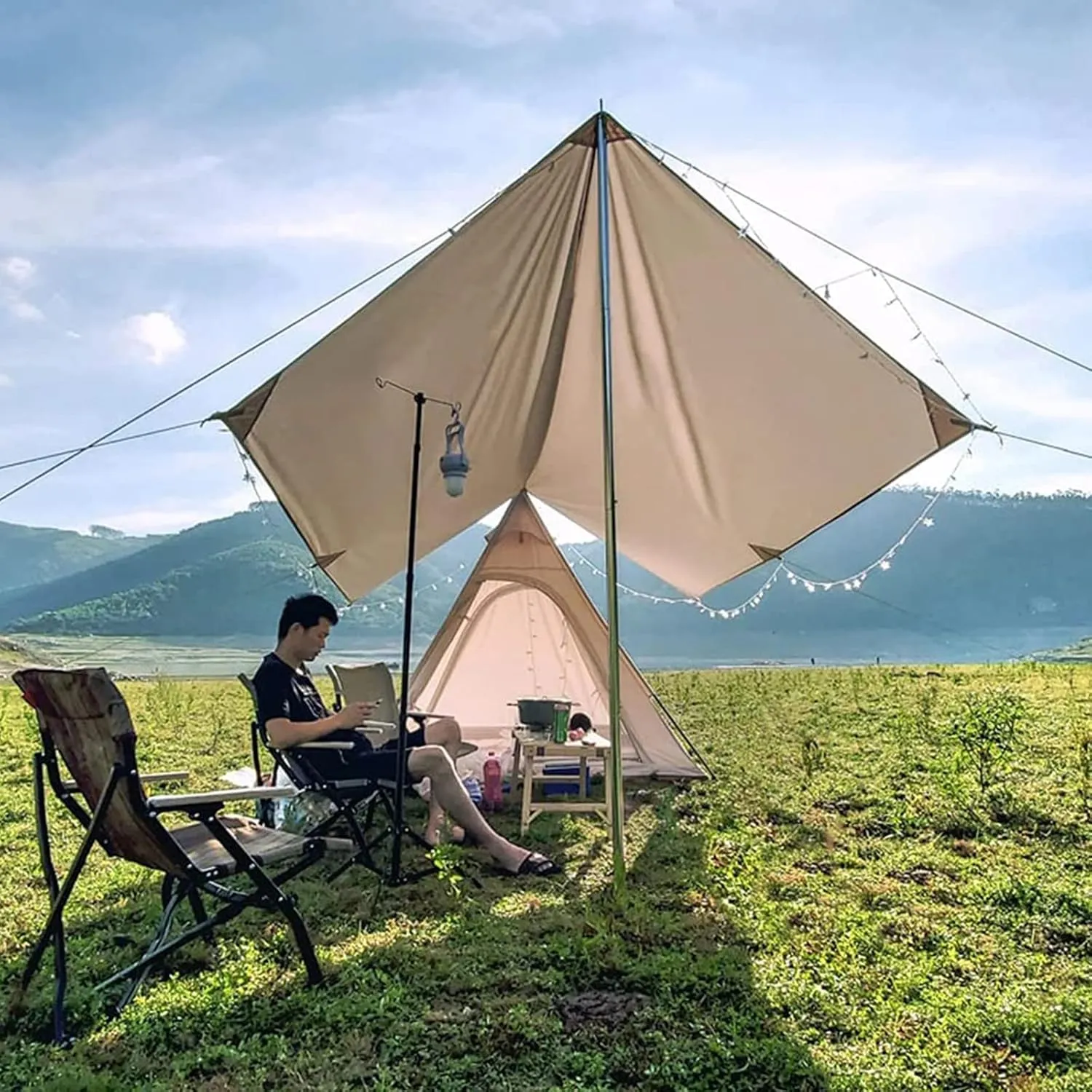 NIEH Pyramid Tent Indian Teepee Tents with Sun Shelter 3 4 People Family Tent Outdoor Camping Cotton Tent Yurt Tent for Mountaineering Hiking Camping