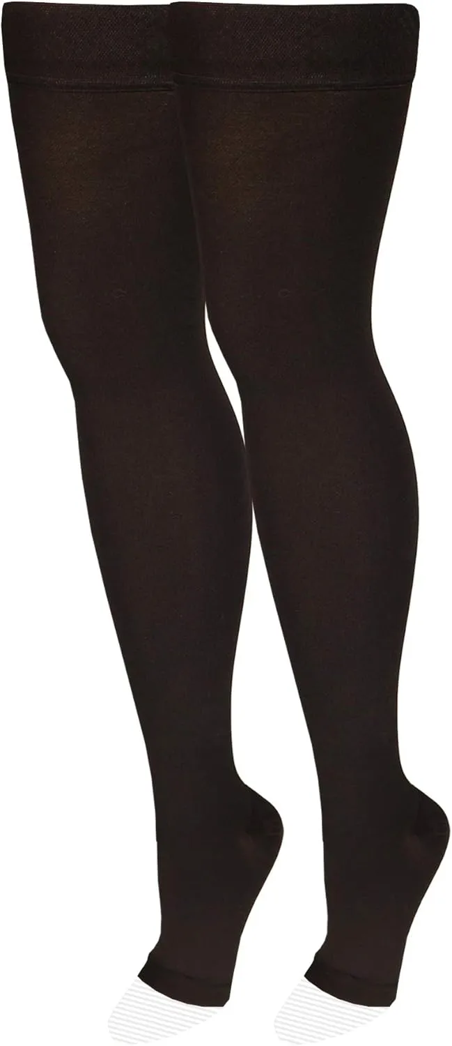 Nuvein Medical Compression Stockings, 20-30 mmHg Support, Women & Men Thigh Length Hose, Open Toe, Black, Large