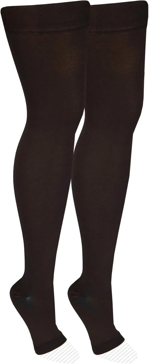 Nuvein Medical Compression Stockings, 20-30 mmHg Support, Women & Men Thigh Length Hose, Open Toe, Black, Large