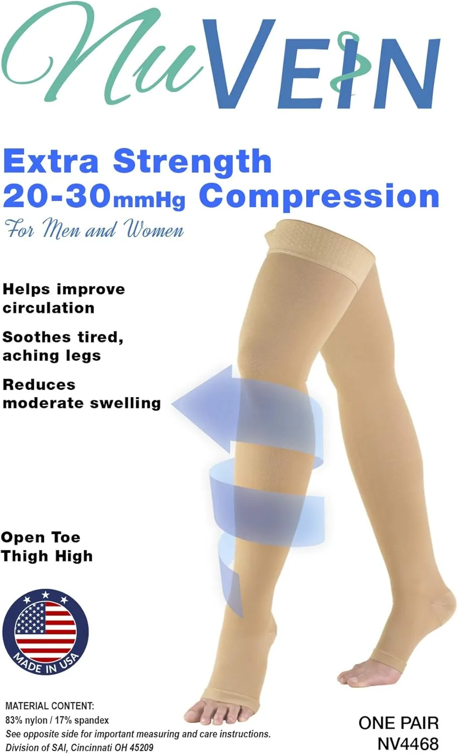 Nuvein Medical Compression Stockings, 20-30 mmHg Support, Women & Men Thigh Length Hose, Open Toe, Black, Large