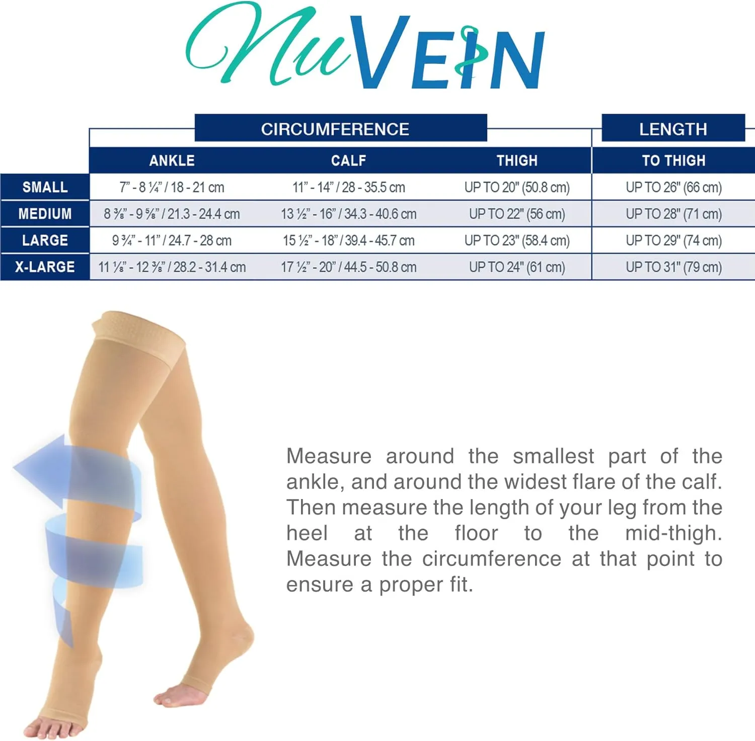 Nuvein Medical Compression Stockings, 20-30 mmHg Support, Women & Men Thigh Length Hose, Open Toe, Black, Large