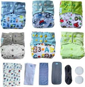 OKOLO Premium Cloth Diapers for Babies, Full Eco 6-Pack, Reusable Baby Diaper, Newborn Diapers, Diapers Size 4, Diapers Size 5, Diapers Size 1, All-in-One (Mischief)