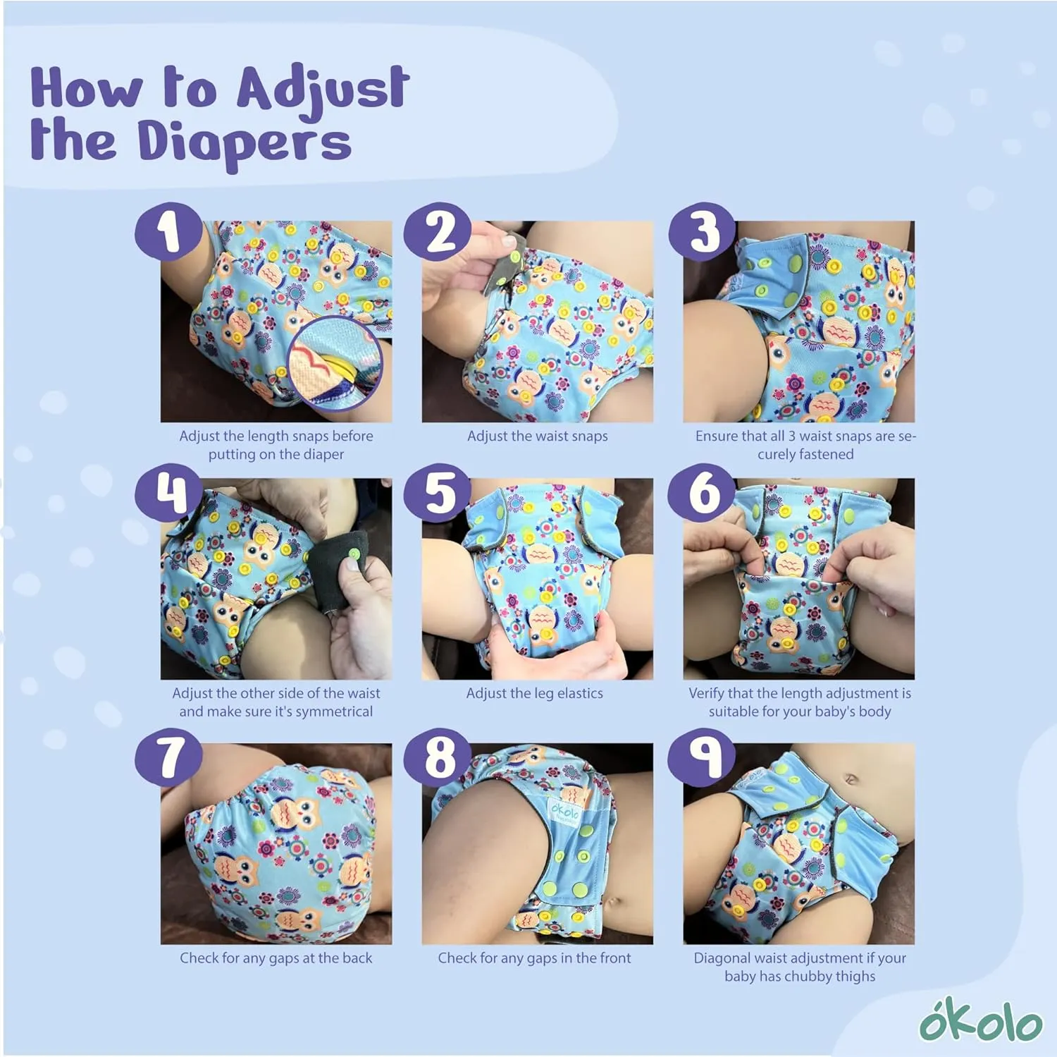 OKOLO Premium Cloth Diapers for Babies, Full Eco 6-Pack, Reusable Baby Diaper, Newborn Diapers, Diapers Size 4, Diapers Size 5, Diapers Size 1, All-in-One (Mischief)