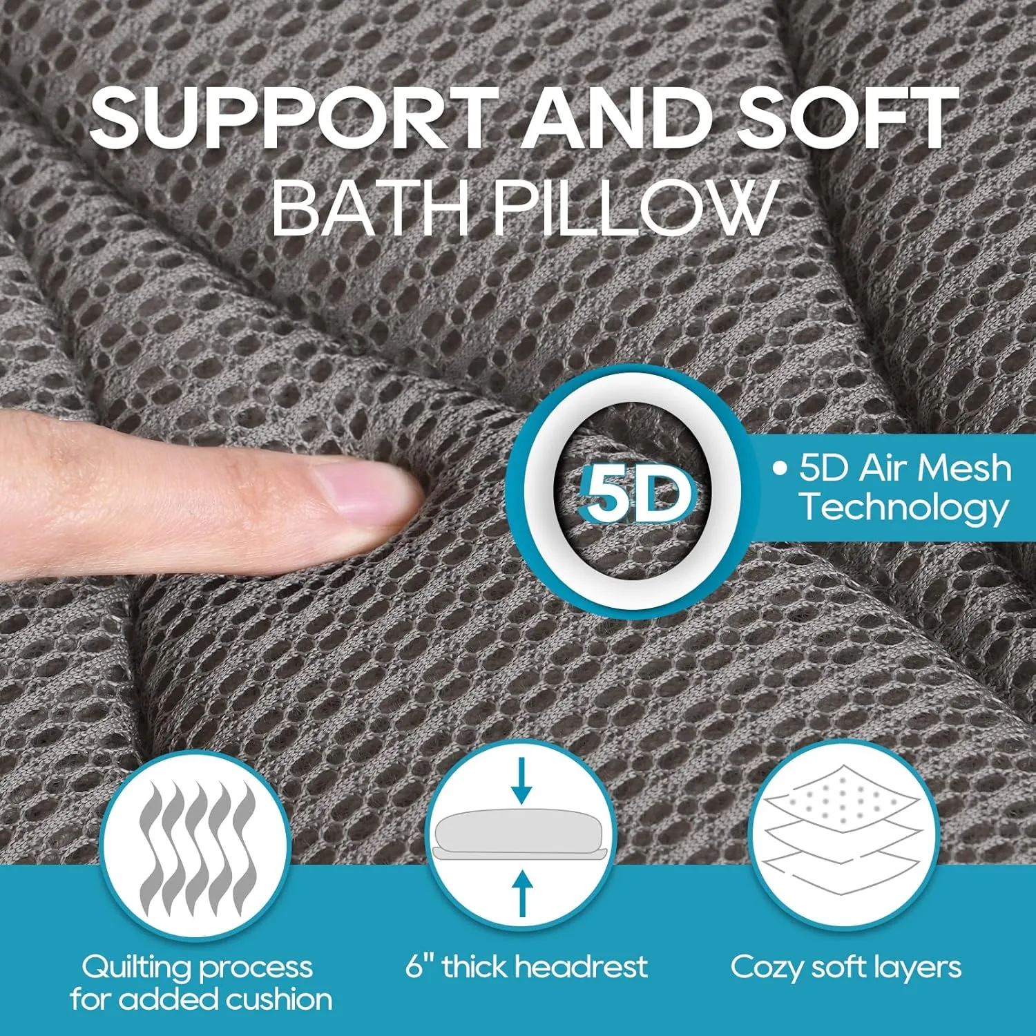 OMYSTYLE Full Body Bath Pillow, Bath Pillows for tub with Mesh Washing Bag & 21 Non-Slip Suction Cups, Spa Bathtub for Head Neck Shoulder and Back Support - 5D Air Mesh & Quick Drying | Gray