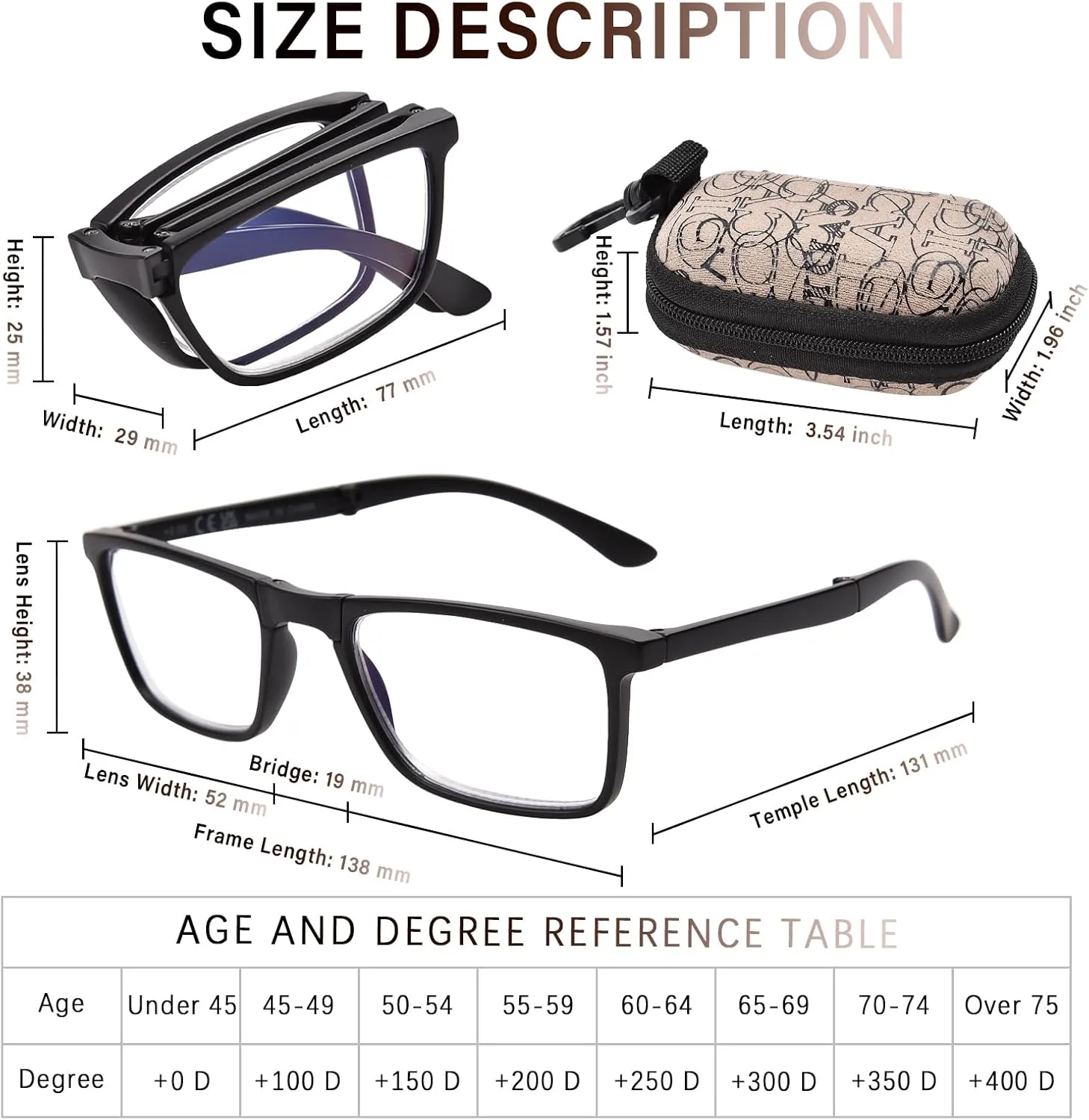 OPTOFENDY Folding Reading Glasses for Women Men, Small Spring Hinge Readers, Portable Blue Light Glasses with Zipper Case