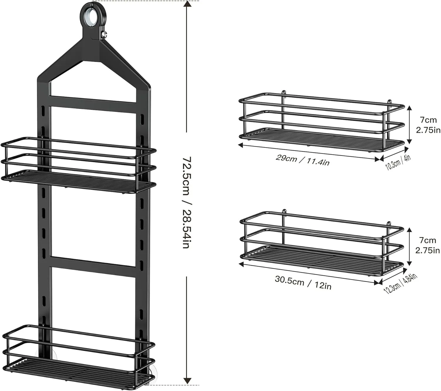 Orimade Adjustable Anti-slip Bathroom Organizer, Rustproof Hanging Shower Caddy with 2 Hooks for Razor, No Drilling Shower Shelves Storage Rack 2 Tier, Black