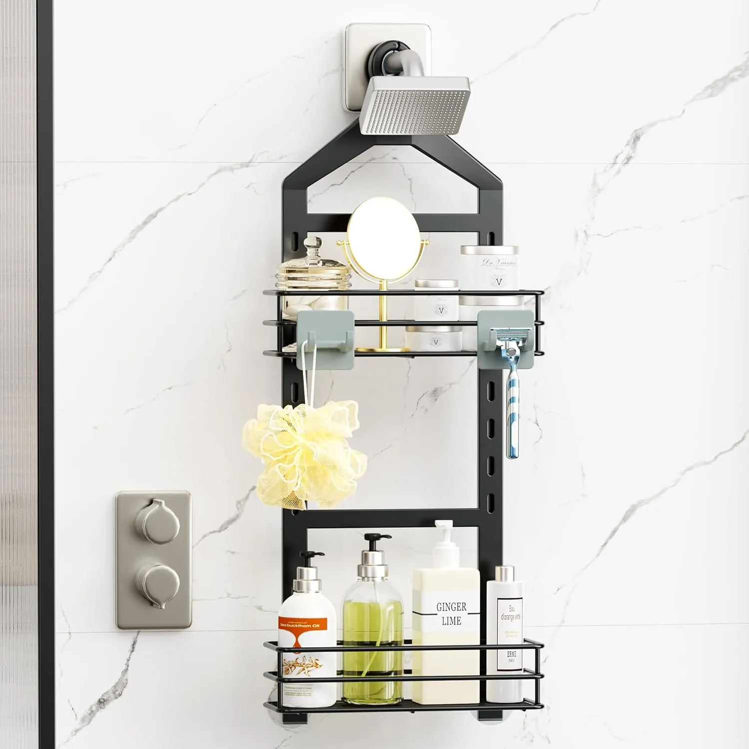 Orimade Adjustable Anti-slip Bathroom Organizer, Rustproof Hanging Shower Caddy with 2 Hooks for Razor, No Drilling Shower Shelves Storage Rack 2 Tier, Black