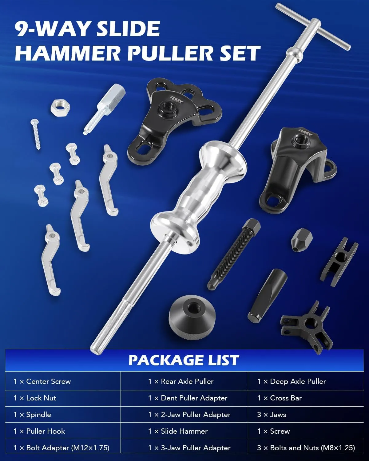 Orion Motor Tech 9-Way Slide Hammer Puller Set, Front Wheel Hub Bearing Remover & Rear Wheel Axle Hub Dent Shaft Puller Tool Kit