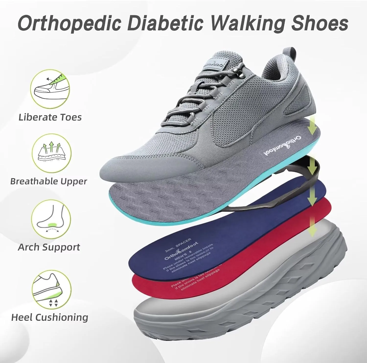 OrthoComfoot Men's Orthopedic Diabetic Wide Walking Shoes: Comfortable Plantar Fasciitis Fashion Sneakers with Arch Support for Swollen, Casual Hammer Toes Shoes for Foot and Heel Pain Relief