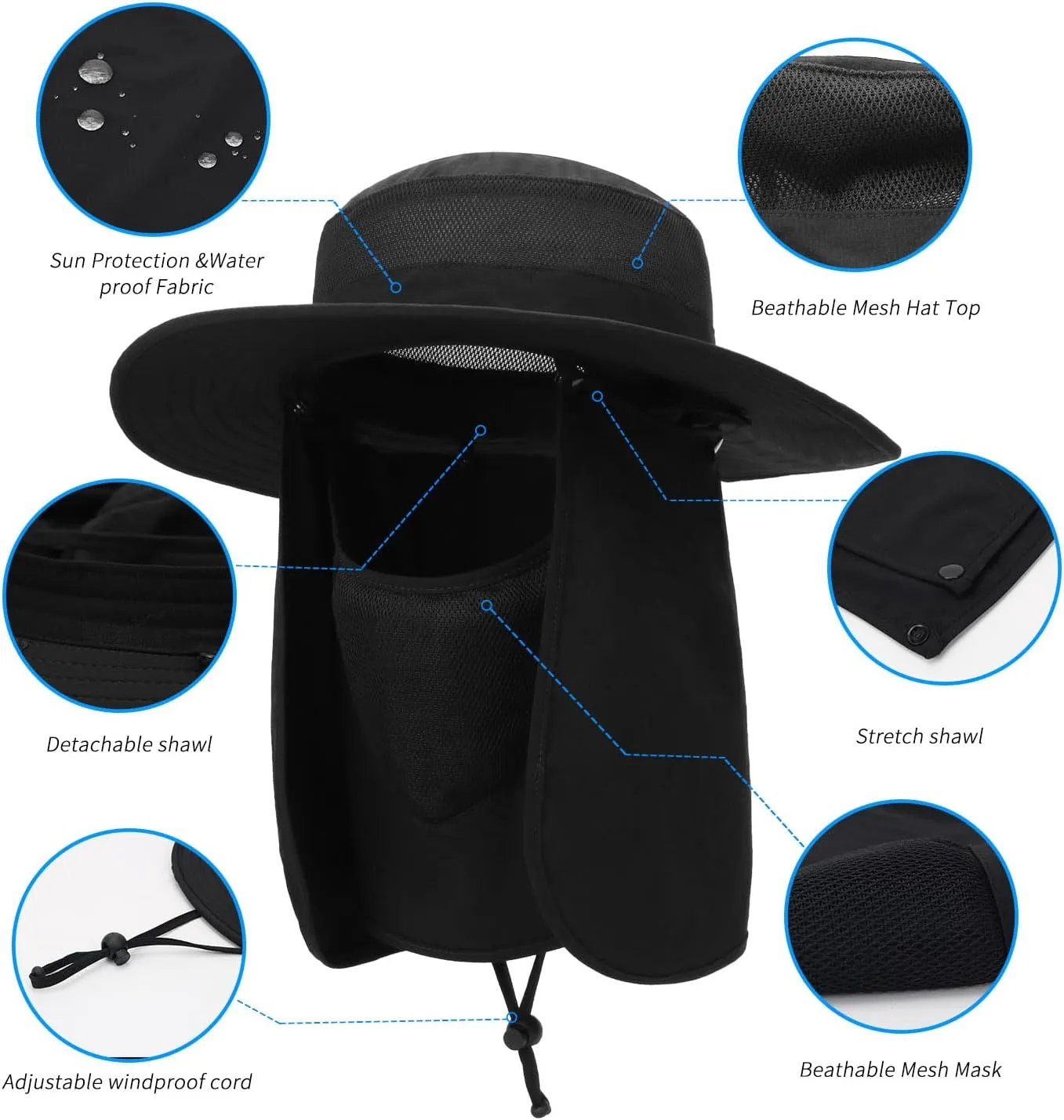 Outdoor Sun Hat UPF 50 Protection Waterproof Fishing hat Face Cover Summer Neck Flap Hat