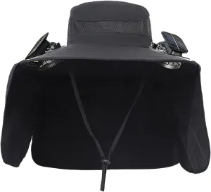 Outdoor Wide Brim Sun Hat with 2 Solar Powered,Beach Fan Hat for Men Women, UPF 0 Fishing Beach Hat Fan Built in