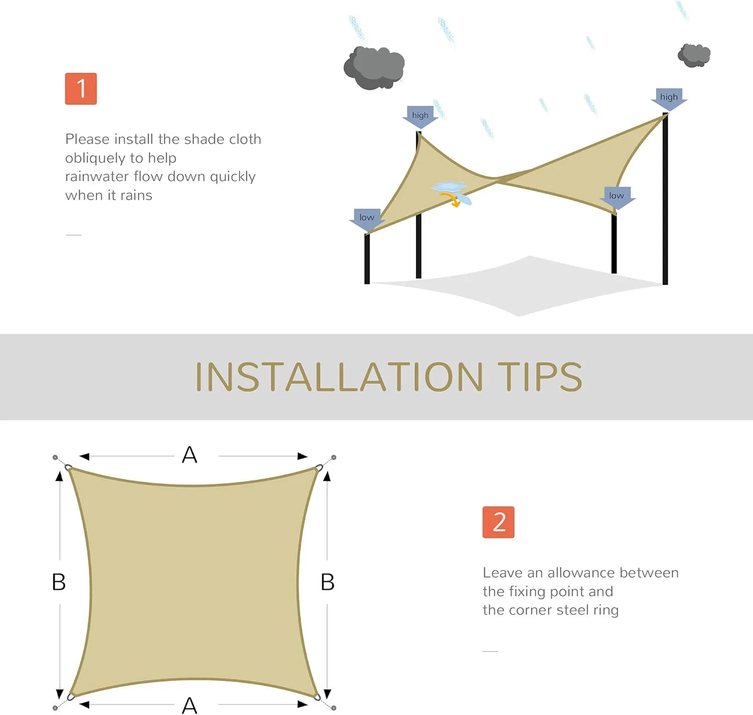 Outsunny 24' x 24' Sun Shade Sail Canopy Outdoor Shade Sail Cloth for Patio Deck Yard with D-Rings and Rope Included, Sand