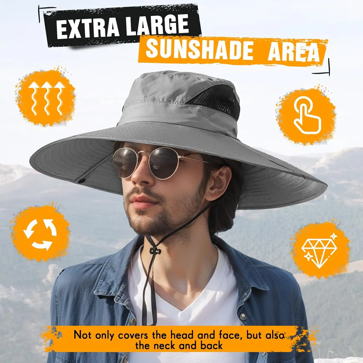 Oversize Sun Hat Men XXL Wide Brim Bucket Hat Big Head Waterproof UPF 50  Summer Sun Cap for Fishing Hiking Safari