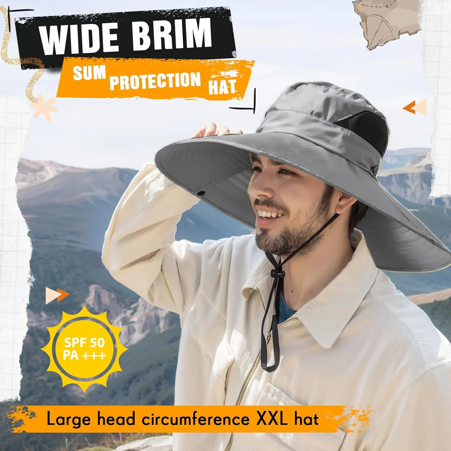 Oversize Sun Hat Men XXL Wide Brim Bucket Hat Big Head Waterproof UPF 50  Summer Sun Cap for Fishing Hiking Safari
