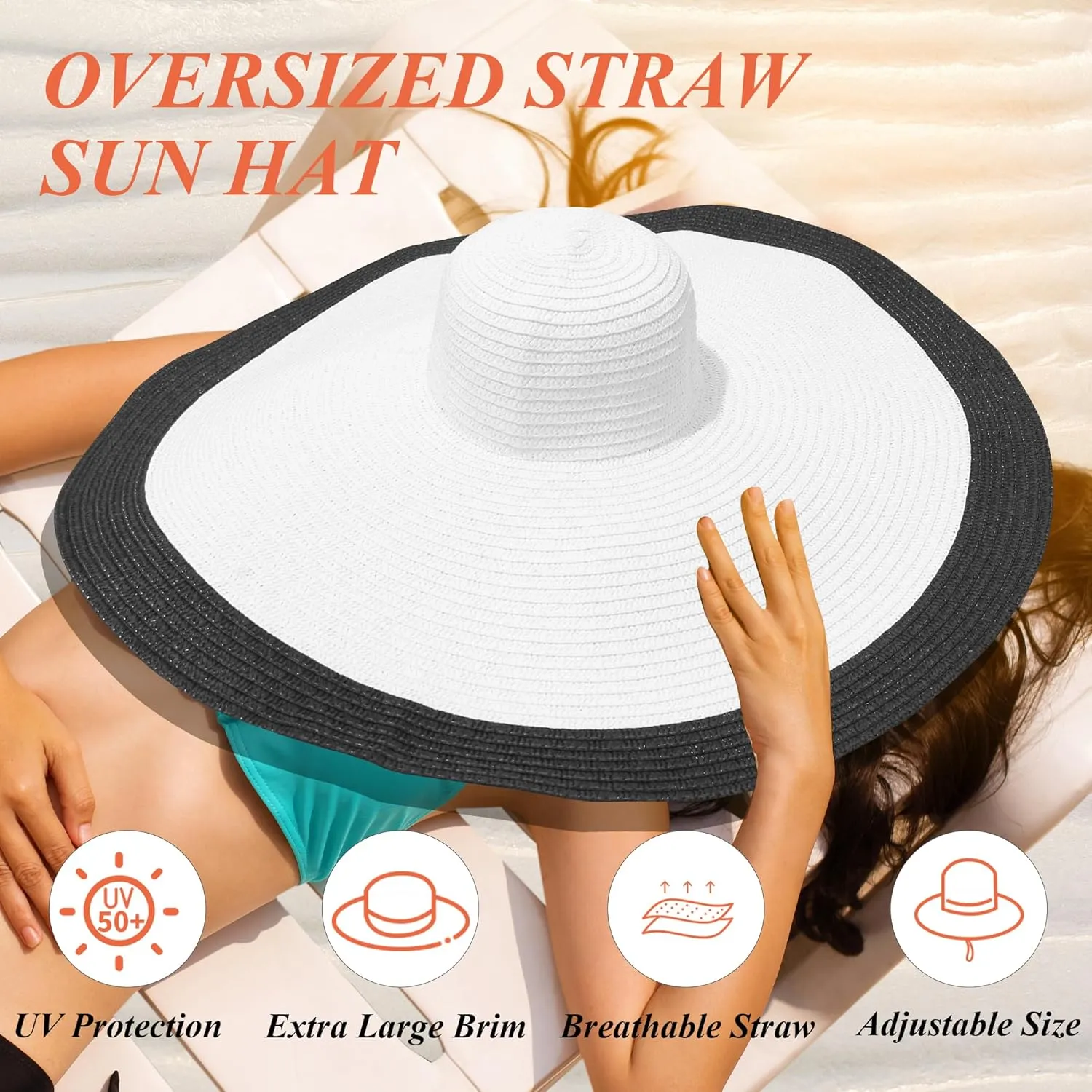 Oversized Sun Straw Hat for Women, UPF 50  Floppy Wide Brim Summer Hat, Foldable Roll Up Travel Hat Beach Hats for Women