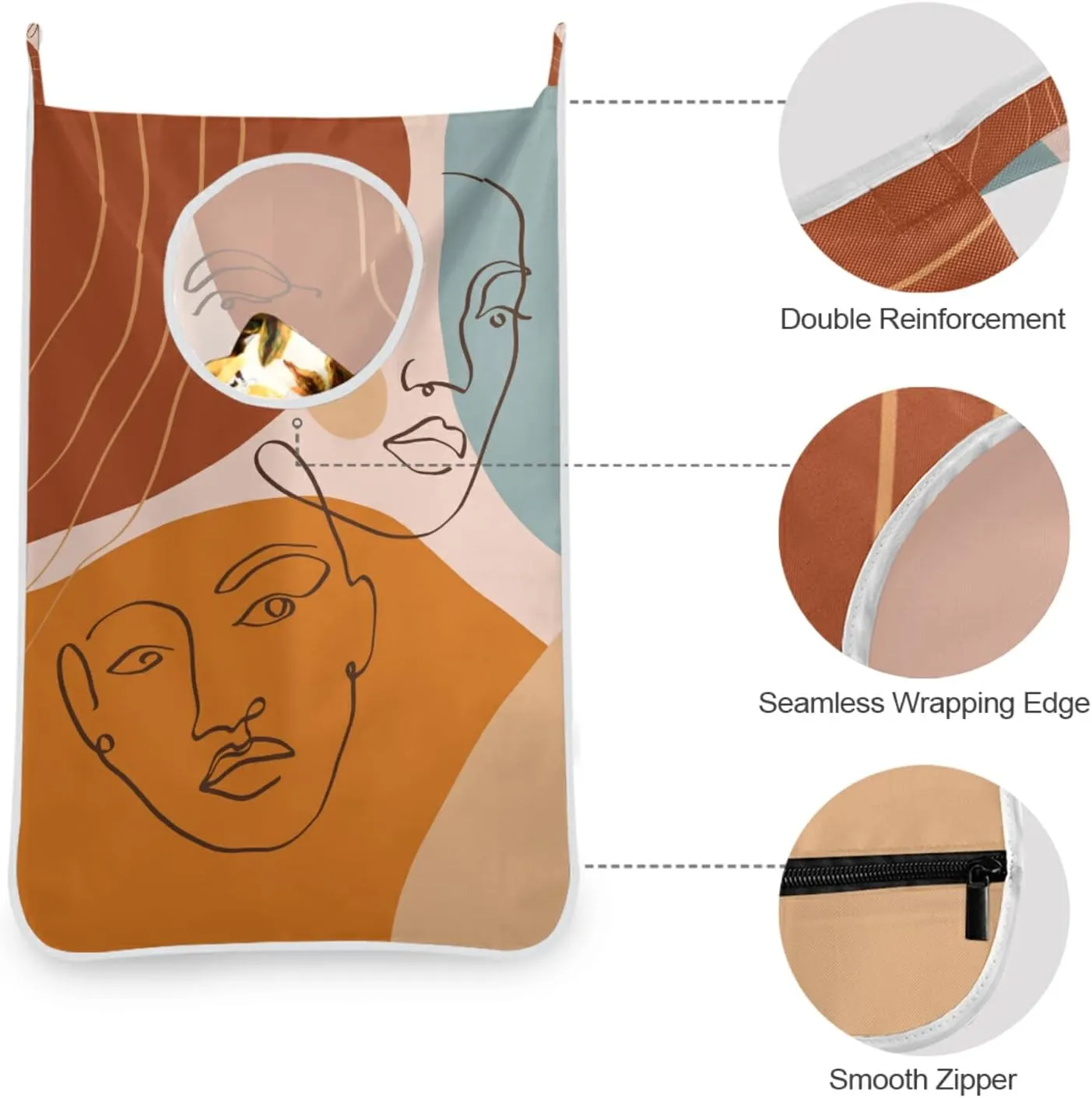 Oyihfvs Abstract Scandinavian Style Face Burnt Orange Modern Digital Hanging Laundry Hamper Bag, Dirty Clothes Basket Bag with Hooks Bag Space Saving, for Bathroom, Bedroom, Storage, Behind Doors