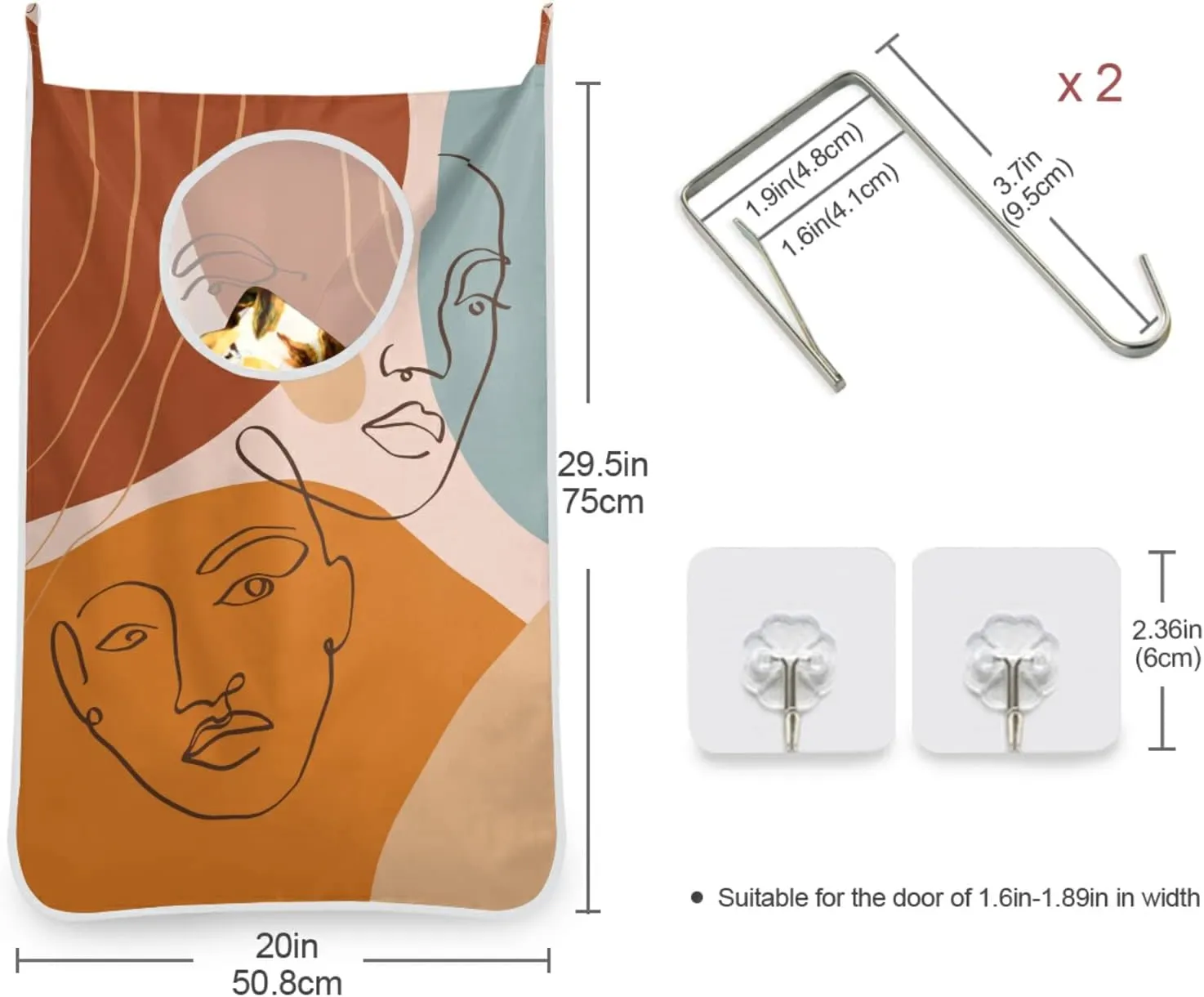 Oyihfvs Abstract Scandinavian Style Face Burnt Orange Modern Digital Hanging Laundry Hamper Bag, Dirty Clothes Basket Bag with Hooks Bag Space Saving, for Bathroom, Bedroom, Storage, Behind Doors