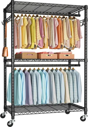 P1 Plus Rolling Clothes Rack, 22mm Diameter Heavy Duty Garment Rack with Wheels, Portable Closet Wardrobe with Double Rods, 45" W x 17.7" D x 80.5" H, Max Load 524 LBS, Black