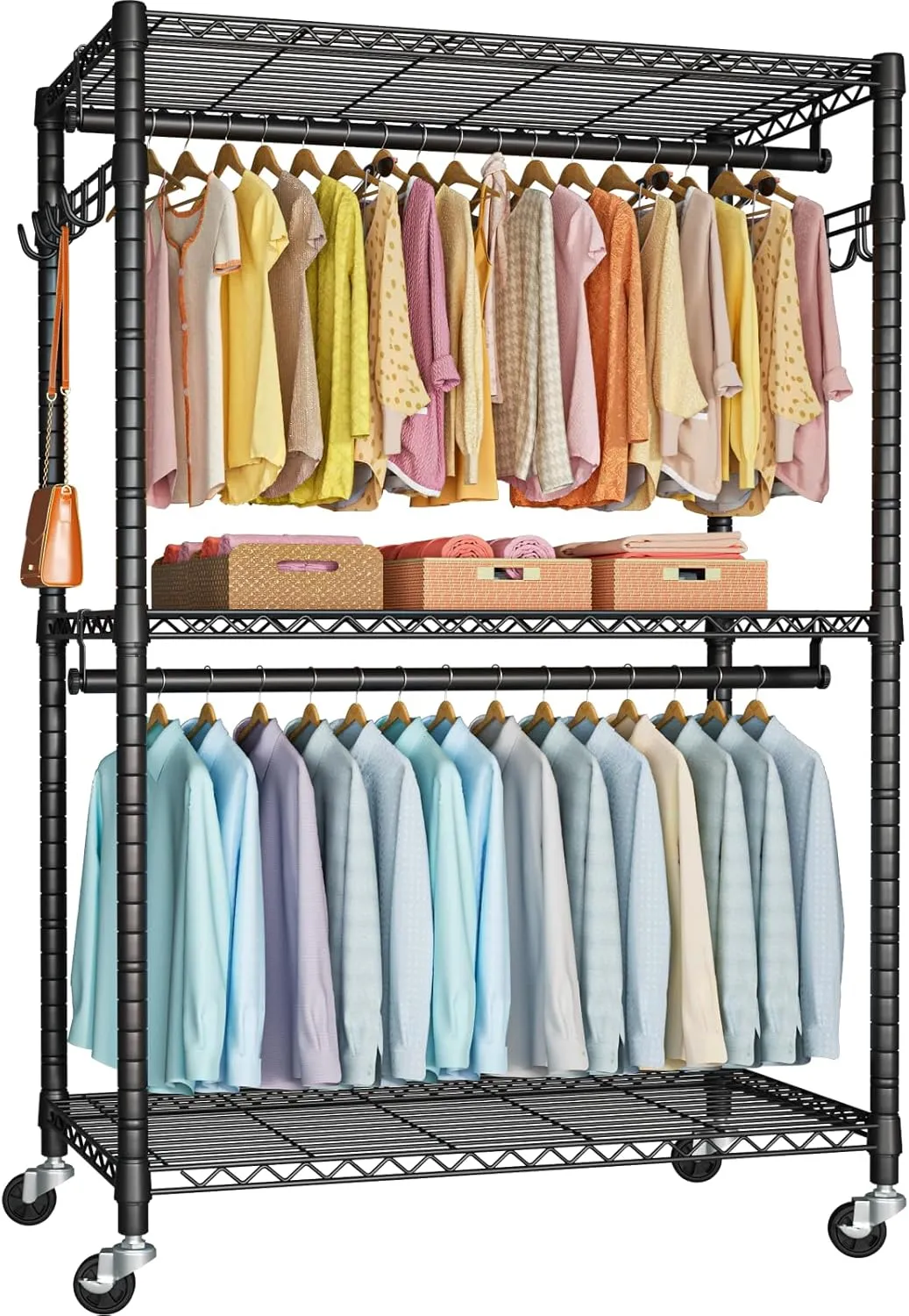 P1 Plus Rolling Clothes Rack, 22mm Diameter Heavy Duty Garment Rack with Wheels, Portable Closet Wardrobe with Double Rods, 45" W x 17.7" D x 80.5" H, Max Load 524 LBS, Black