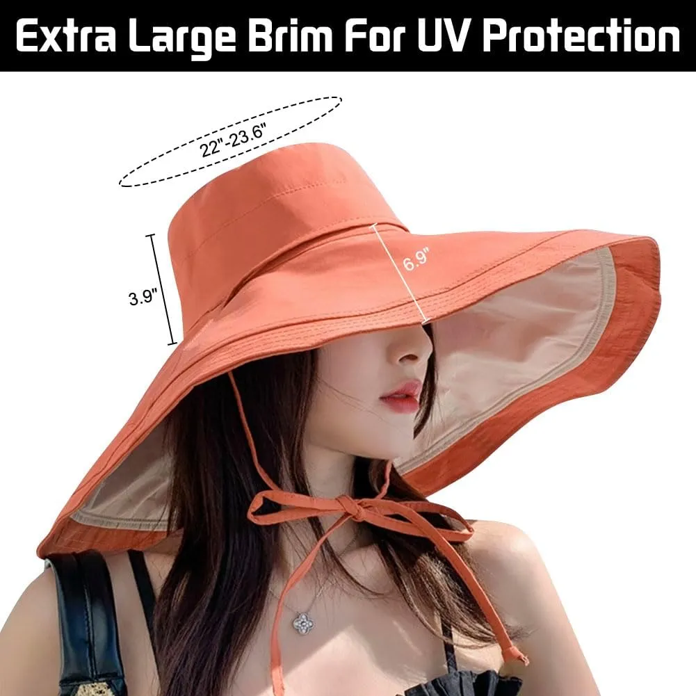 Packable Reversible Large Brim Sun Hat for Women - 6.9" Super Wide-Brim UV-Protection Women's Sun Beach Hats with Strap