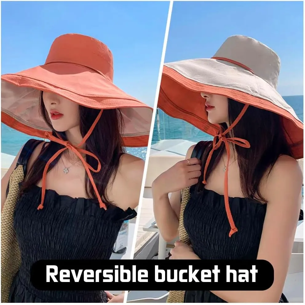 Packable Reversible Large Brim Sun Hat for Women - 6.9" Super Wide-Brim UV-Protection Women's Sun Beach Hats with Strap