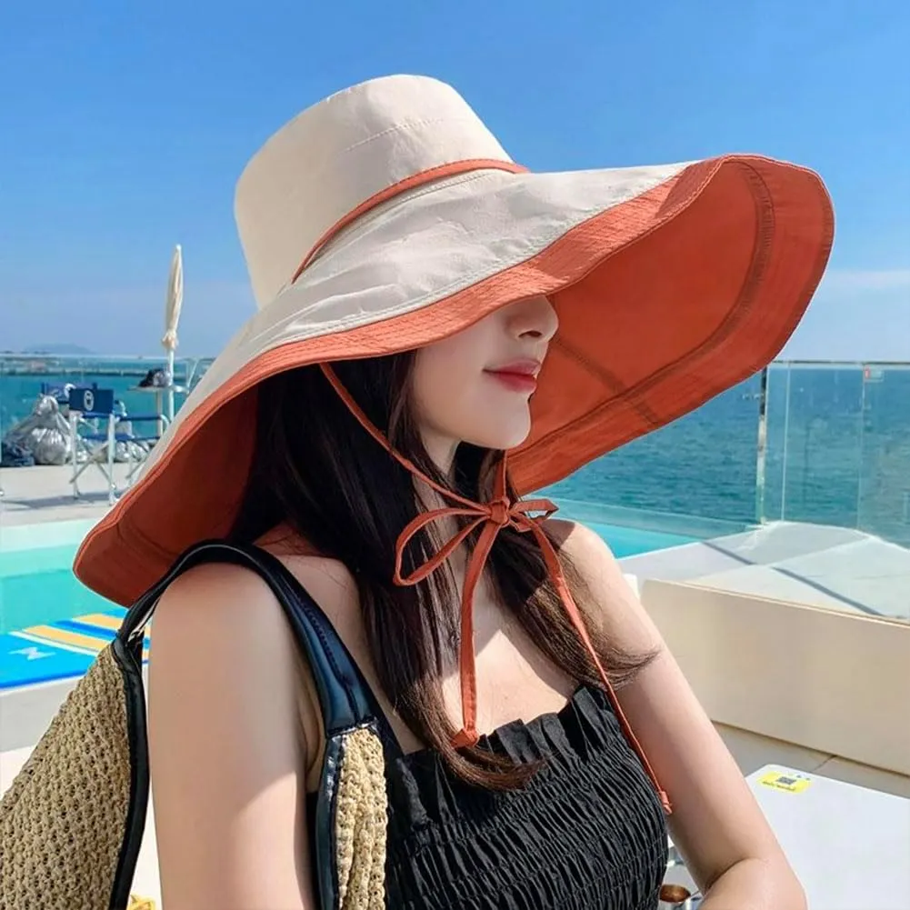Packable Reversible Large Brim Sun Hat for Women - 6.9" Super Wide-Brim UV-Protection Women's Sun Beach Hats with Strap