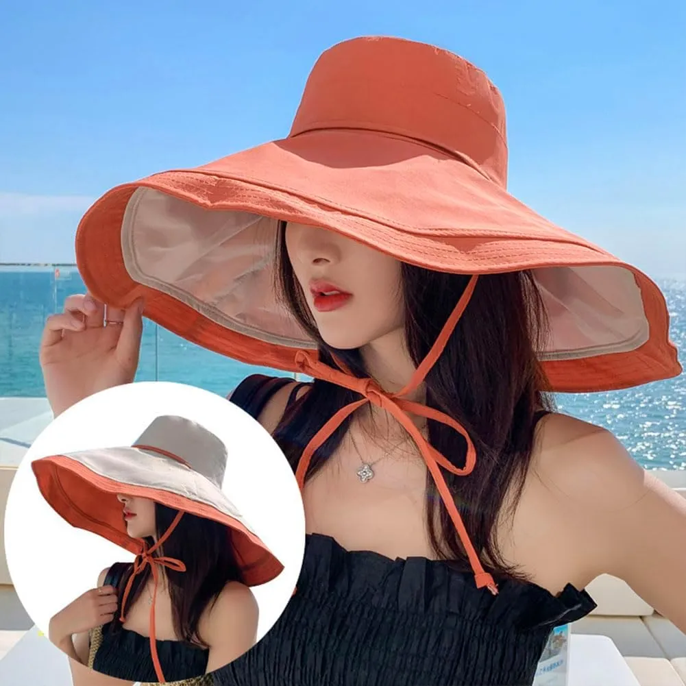 Packable Reversible Large Brim Sun Hat for Women - 6.9" Super Wide-Brim UV-Protection Women's Sun Beach Hats with Strap