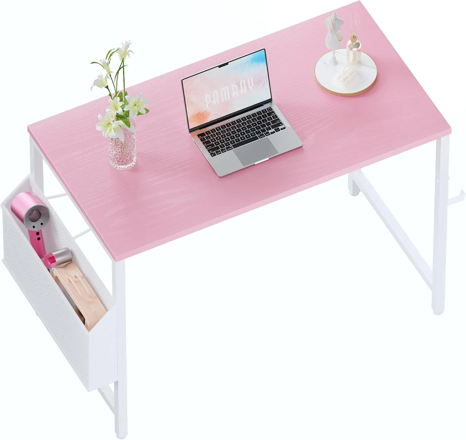 Pamray 32 Inch Computer Desk for Small Spaces with Storage Bag, Home Office Work Desk with Headphone Hook, Small Office Desk Study Writing Table