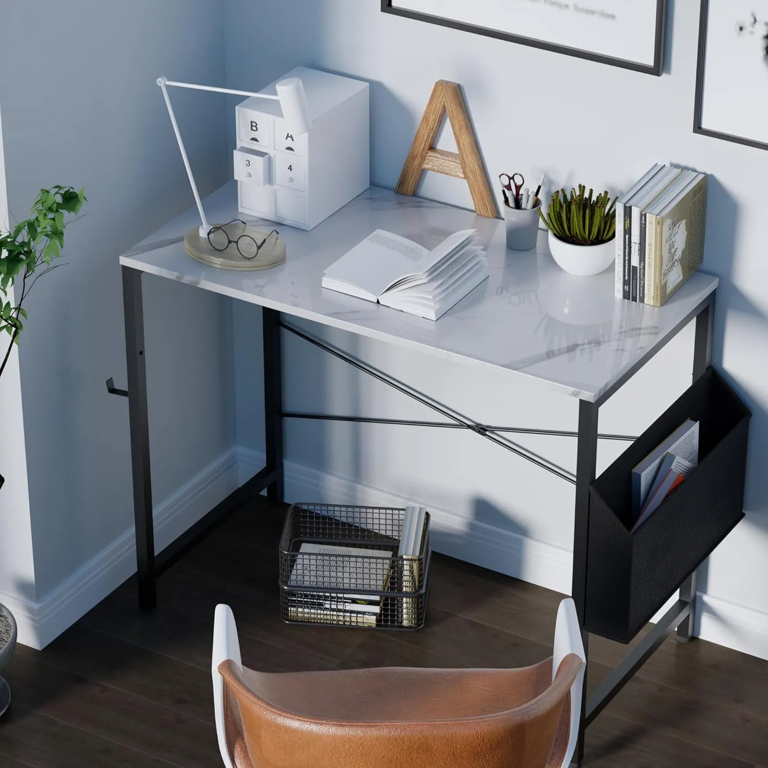 Pamray 32 Inch Computer Desk for Small Spaces with Storage Bag, Home Office Work Desk with Headphone Hook, Small Study Writing Table
