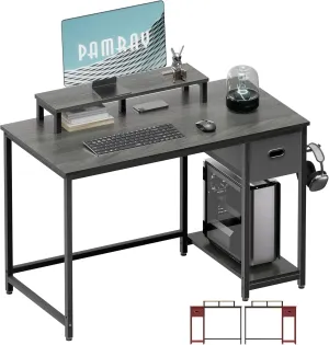 Pamray 39 Inch Computer Desk with Monitor Stand Small Home Office Desks with Non-Woven Storage Drawer for Bedroom Study Table Writing and Work Desk Espresso Gray,Gray Leg