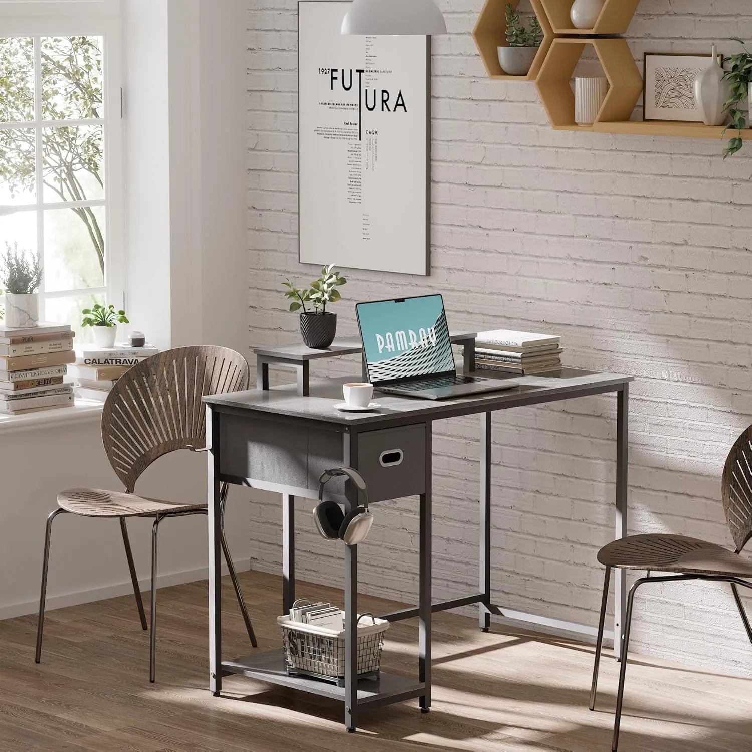 Pamray 39 Inch Computer Desk with Monitor Stand Small Home Office Desks with Non-Woven Storage Drawer for Bedroom Study Table Writing and Work Desk Espresso Gray,Gray Leg