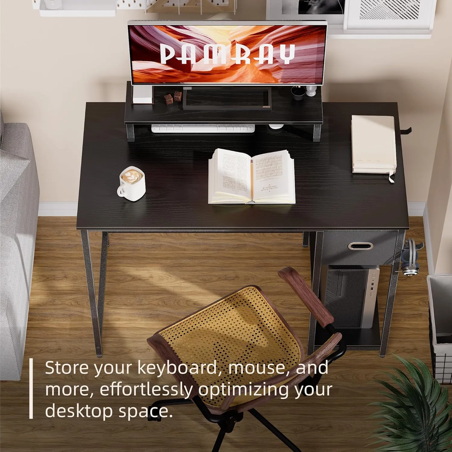Pamray 39 Inch Computer Desk with Monitor Stand Small Home Office Desks with Non-Woven Storage Drawer for Bedroom Study Table Writing and Work Desk Espresso Gray,Gray Leg