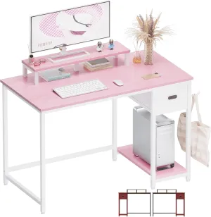 Pamray 39 Inch Computer Desk with Monitor Stand Small Home Office Desks with Non-Woven Storage Drawer for Bedroom Study Table Writing and Work Desk Pink