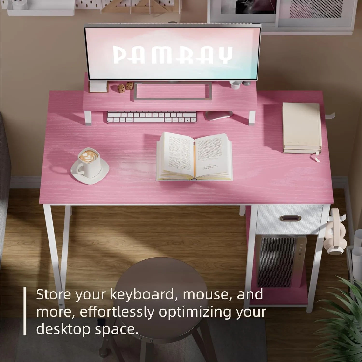 Pamray 39 Inch Computer Desk with Monitor Stand Small Home Office Desks with Non-Woven Storage Drawer for Bedroom Study Table Writing and Work Desk Pink