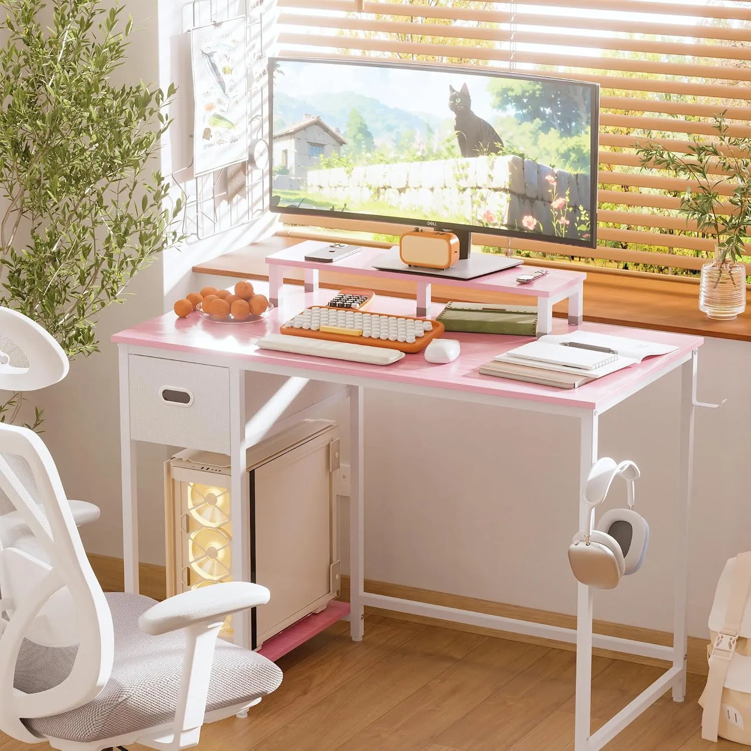Pamray 39 Inch Computer Desk with Monitor Stand Small Home Office Desks with Non-Woven Storage Drawer for Bedroom Study Table Writing and Work Desk Pink