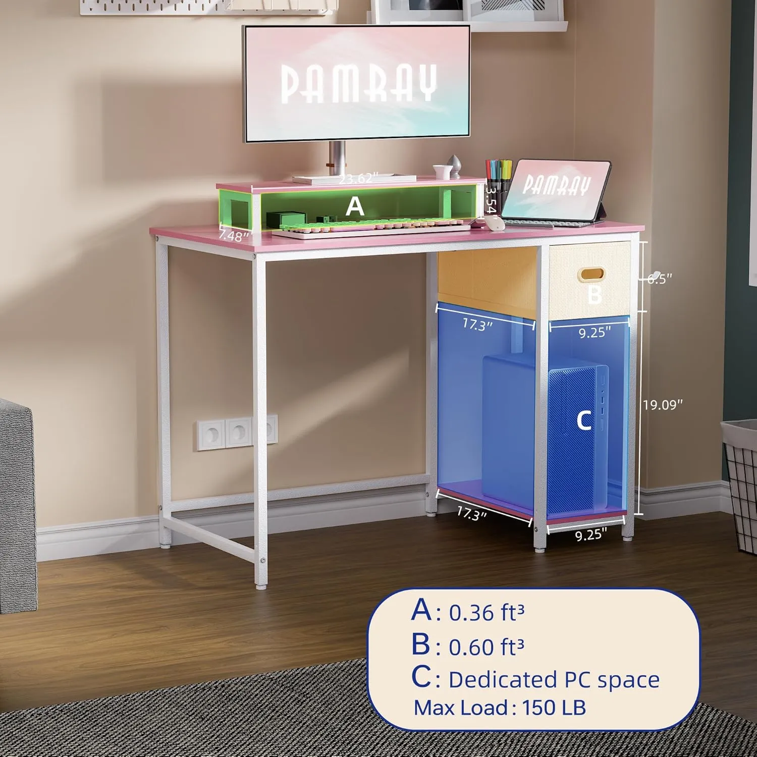 Pamray 39 Inch Computer Desk with Monitor Stand Small Home Office Desks with Non-Woven Storage Drawer for Bedroom Study Table Writing and Work Desk Pink