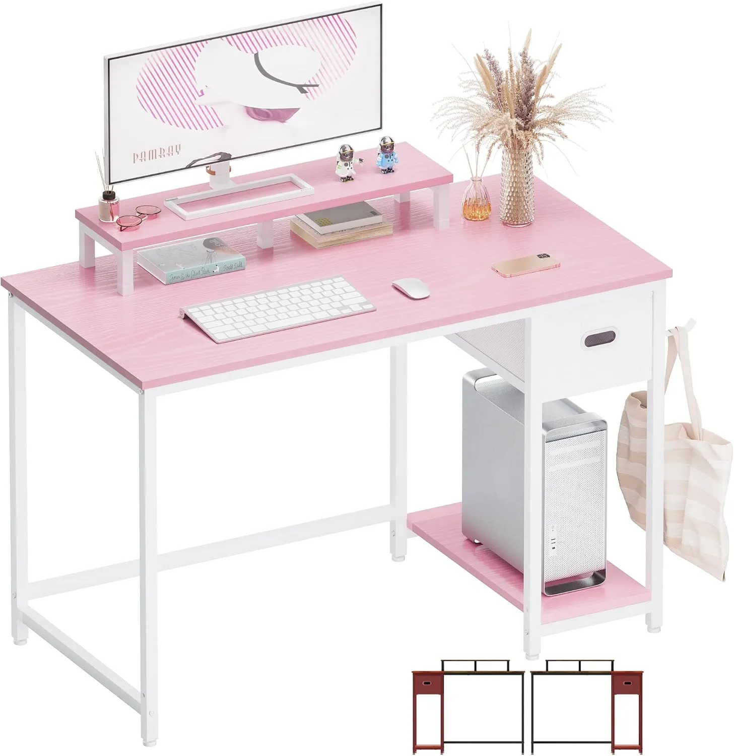 Pamray 39 Inch Computer Desk with Monitor Stand Small Home Office Desks with Non-Woven Storage Drawer for Bedroom Study Table Writing and Work Desk Pink