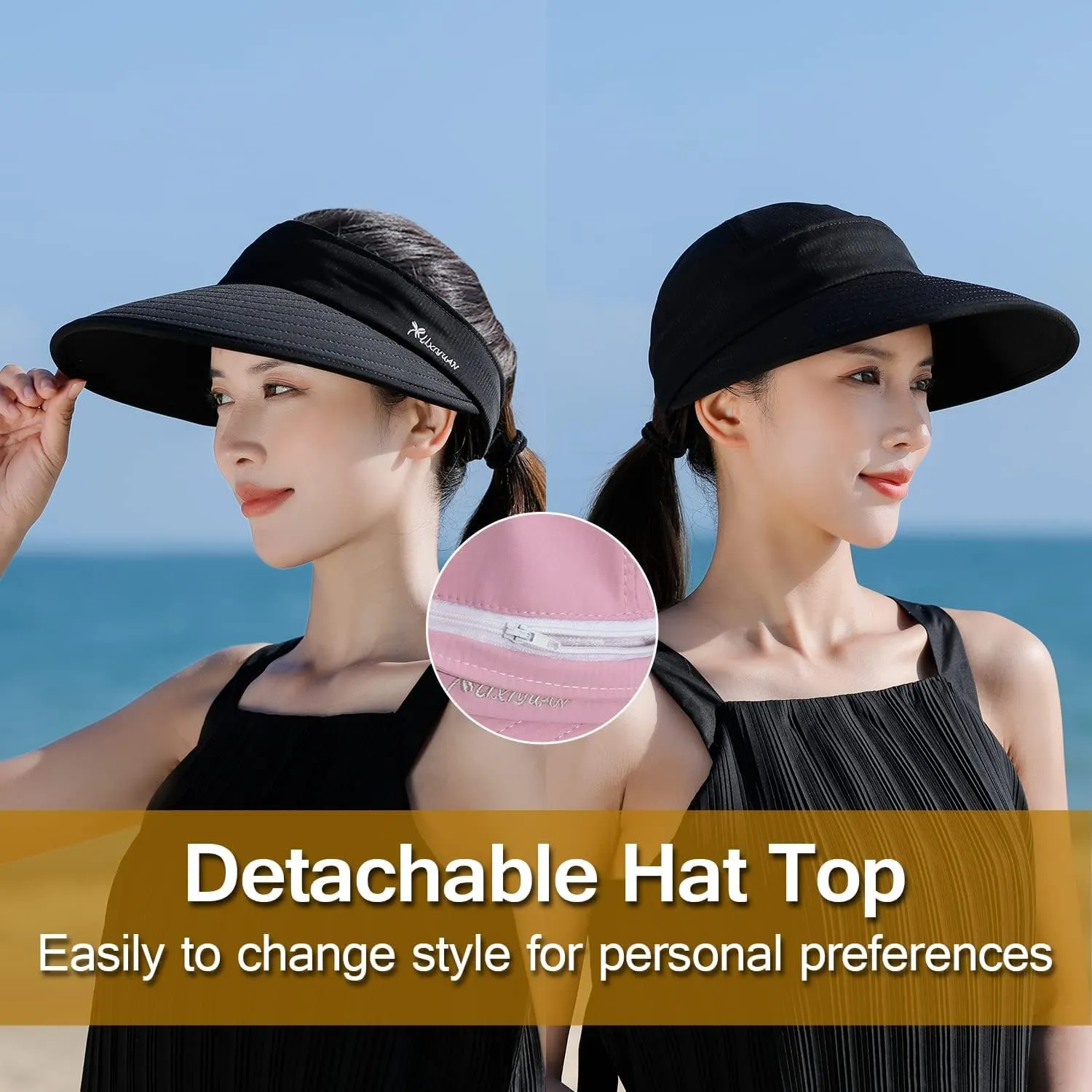 Peicees Zip-Off Wide Brim Visor Hat for Women Packable Sun Hat for Golf Hiking Gardening UV Protection Summer Beach Hat