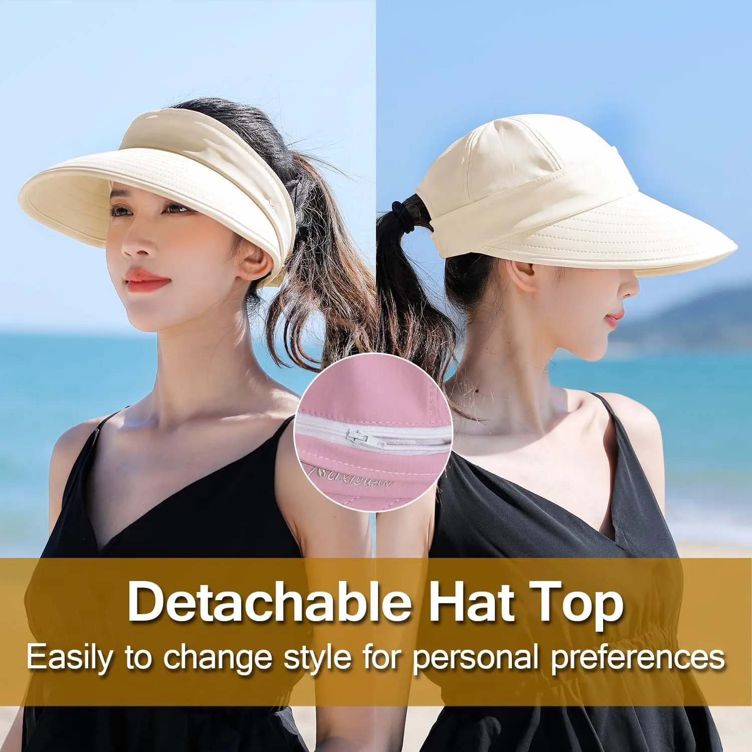 Peicees Zip-Off Wide Brim Visor Hat for Women Packable Sun Hat for Golf Hiking Gardening UV Protection Summer Beach Hat
