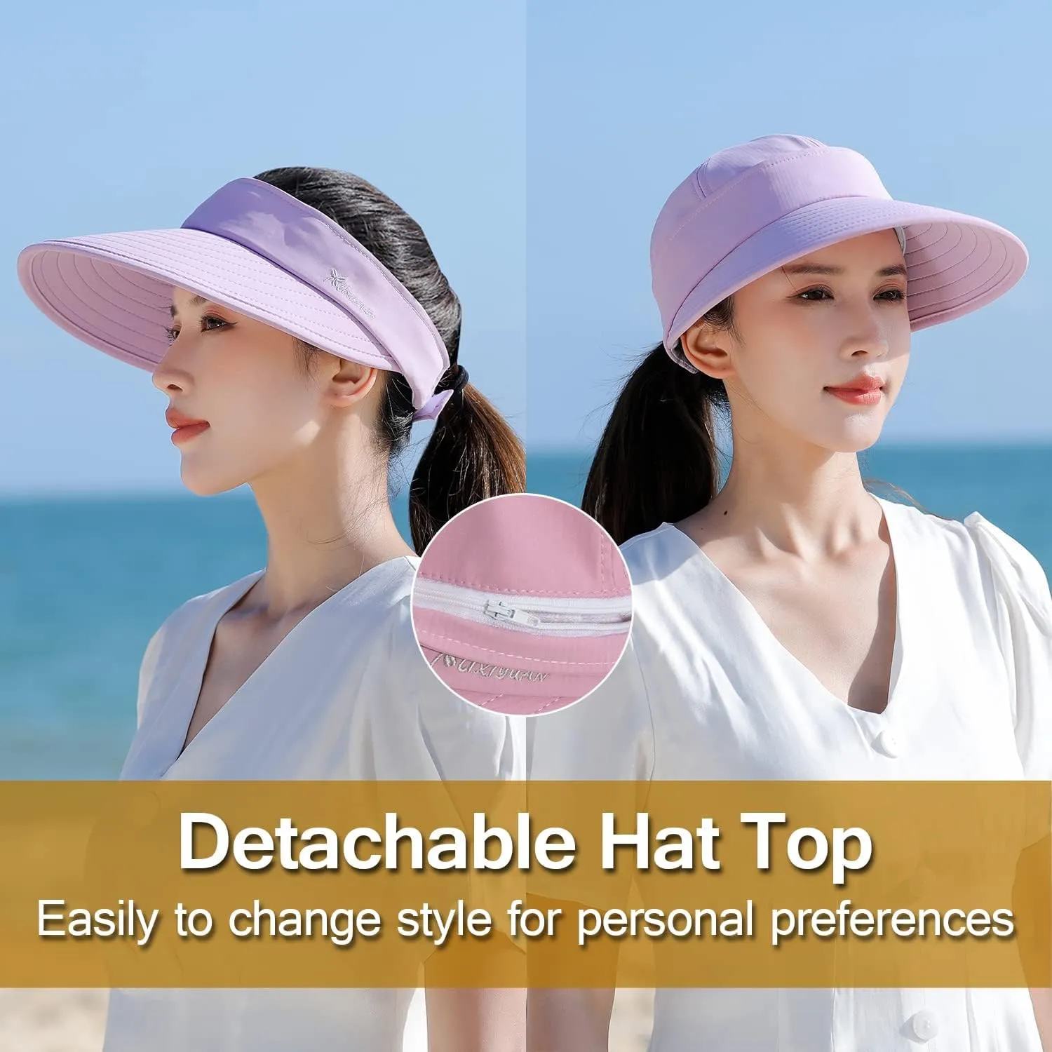 Peicees Zip-Off Wide Brim Visor Hat for Women Packable Sun Hat for Golf Hiking Gardening UV Protection Summer Beach Hat