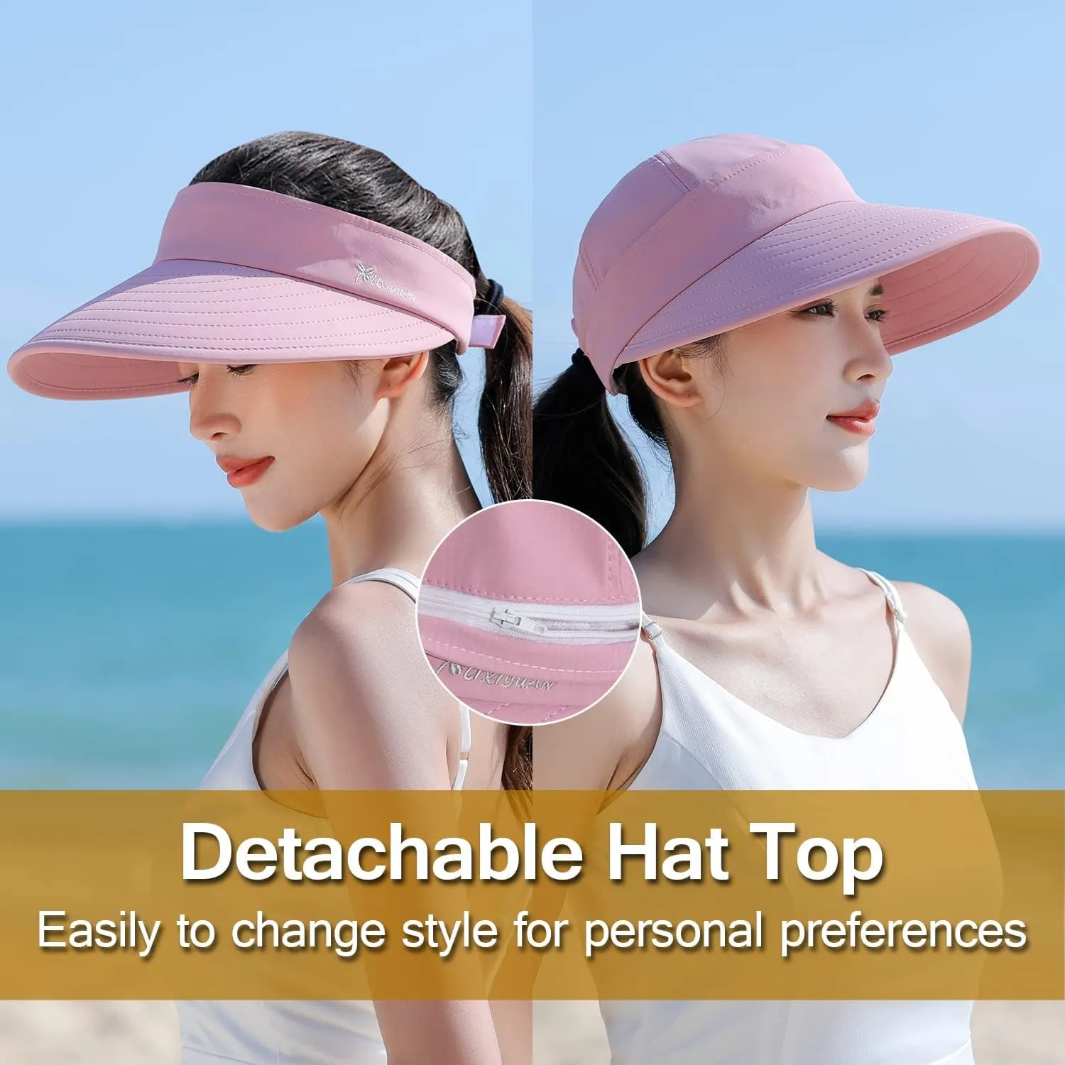 Peicees Zip-Off Wide Brim Visor Hat for Women Packable Sun Hat for Golf Hiking Gardening UV Protection Summer Beach Hat