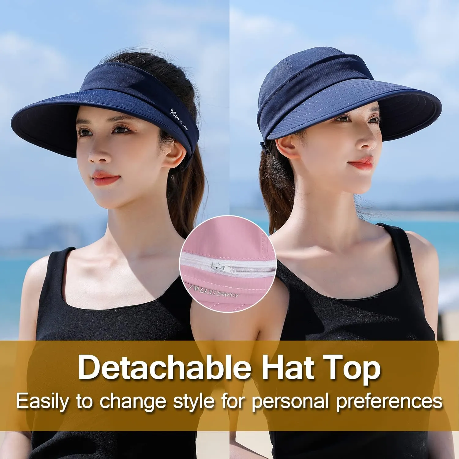 Peicees Zip-Off Wide Brim Visor Hat for Women Packable Sun Hat for Golf Hiking Gardening UV Protection Summer Beach Hat