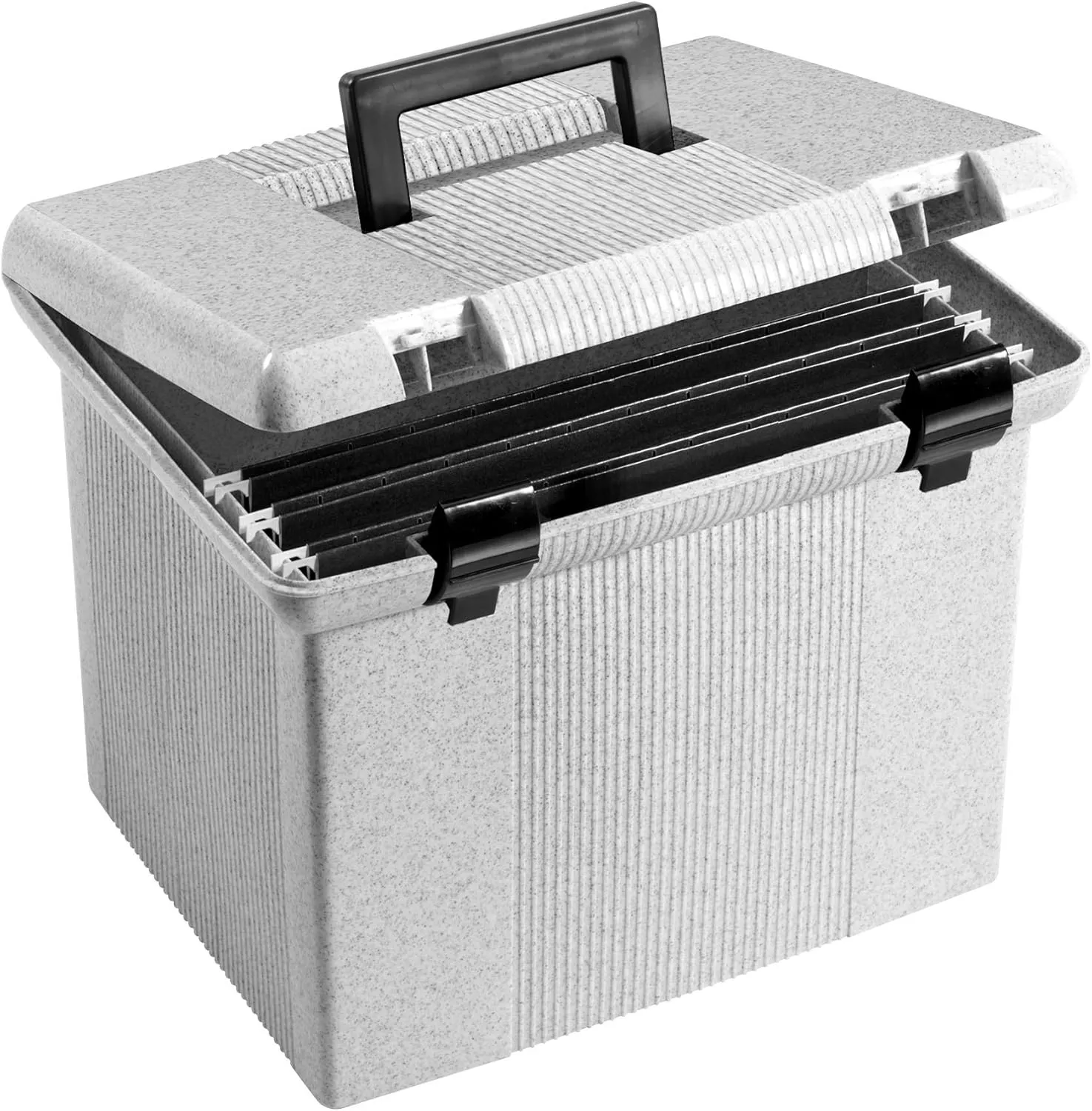 Pendaflex Portable File Box with File Rails, Hinged Lid with Double Latch Closure, Granite, 3 Black Letter Size Hanging Folders Included (41747AMZ)