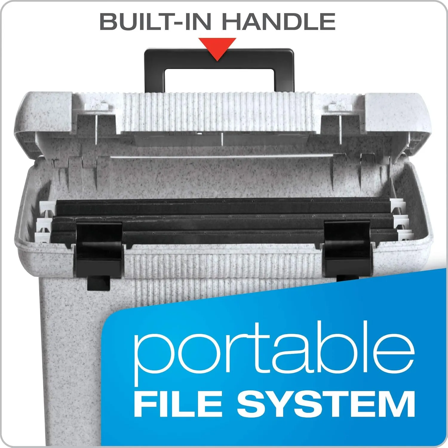 Pendaflex Portable File Box with File Rails, Hinged Lid with Double Latch Closure, Granite, 3 Black Letter Size Hanging Folders Included (41747AMZ)
