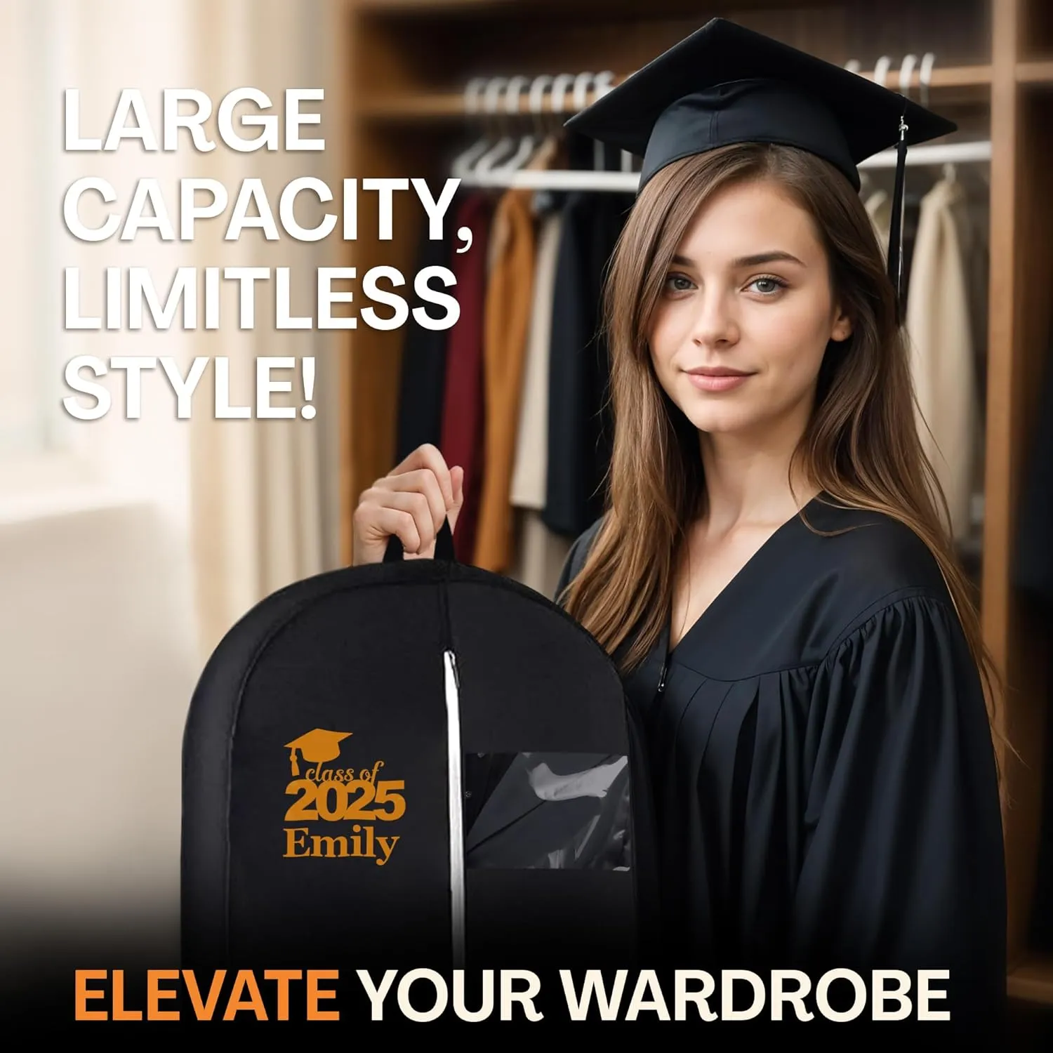 Personalized Garment bag for Hanging Clothes with Name Custom Graduation Breathable Black Custom Bags With 2 Mesh Pockets for Grad Students, Ideal for Suits, Dress Storage Bag, Personalized Grad Gift